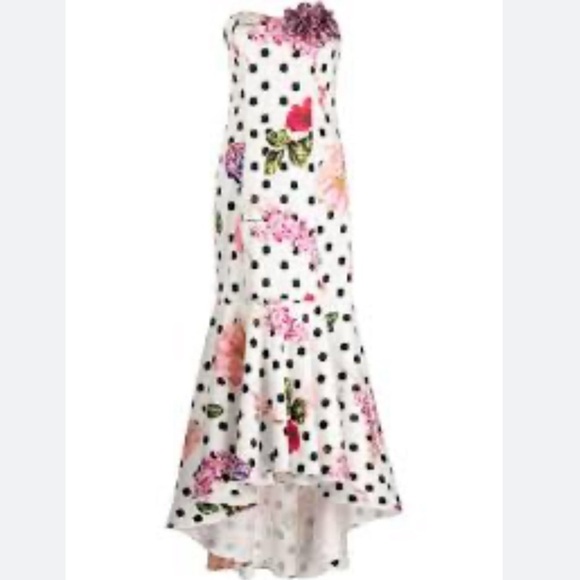 Marchesa Notte Strapless Black Polka Dot Gown Pink Floral - Picture 12 of 16